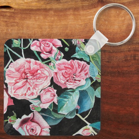 Roze Rozenbloem Waterverf Rozen Zwarte sleutelhang Sleutelhanger (Achterkant)