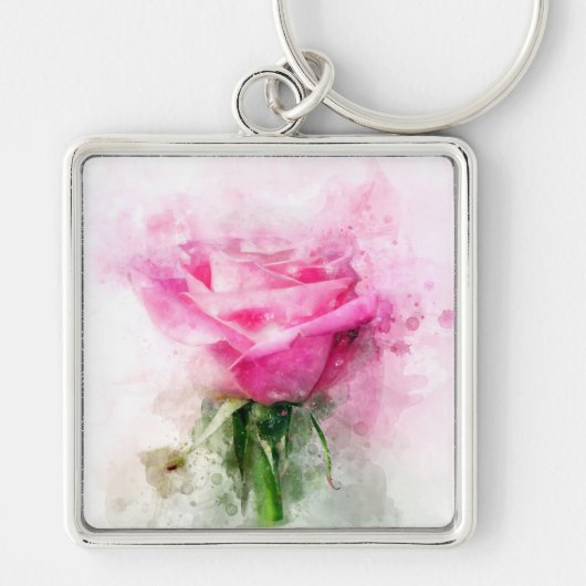 Roze rozenbloem waterverf - wb sleutelhanger (Voorkant)