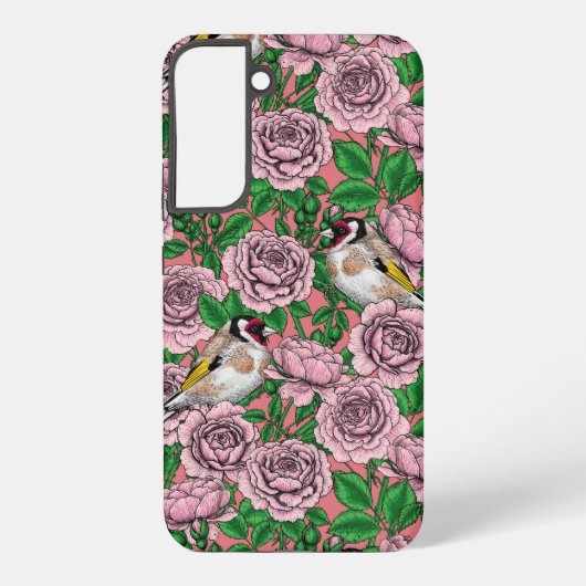 Roze rozenbloemen en goudvink vogels samsung galaxy hoesje (Achterkant)