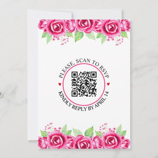 Roze rozenbloemen en QR-code bloemenbruiloft Kaart (Achterkant)