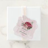 Roze rozenbloemen groen bruiloft bedankjes labels (In situ)