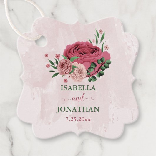 Roze rozenbloemen groen bruiloft bedankjes labels (Voorkant)