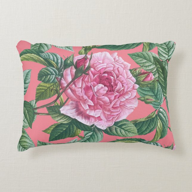 Roze rozenbloemen met groene bladeren accent kussen (Voorkant)