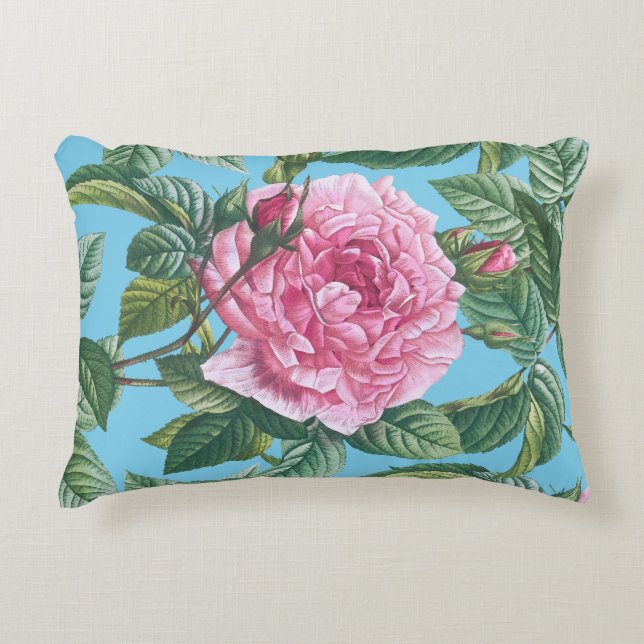 Roze rozenbloemen met groene bladeren accent kussen (Voorkant)