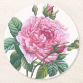 Roze rozenbloemen met groene bladeren ronde kartonnen onderzetter (Voorkant)
