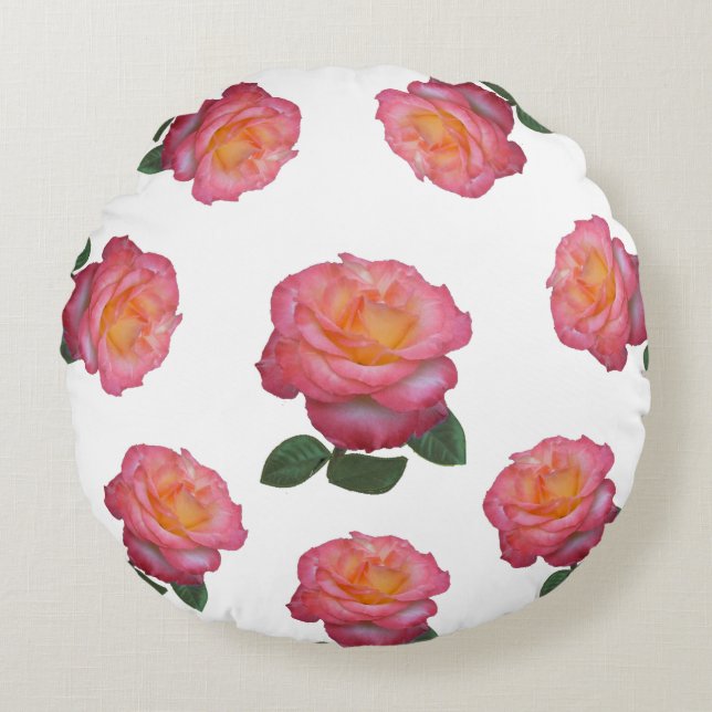 Roze rozenbloemen op wit rond kussen (Voorkant)