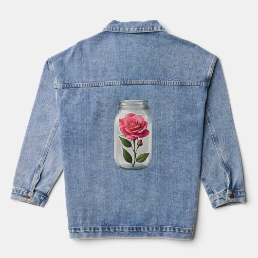 Roze rozenbloemsteel in een glazen fles denim jacket (Achterkant)
