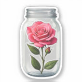 Roze rozenbloemsteel in een glazen fles sticker (Voorkant)