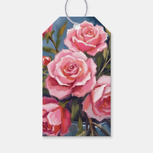 Roze Rozenboeket Geschilderd Cadeaulabel (Voorkant)