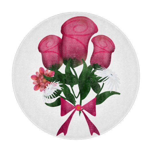 Roze Rozenboeket met Bloemenslint Snijplank (Voorkant)