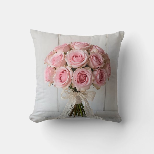 Roze Rozenboeket Parel Kant Romantisch Kussen (Voorkant)