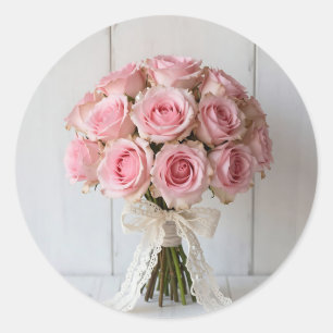 Roze Rozenboeket Parel Kant Romantisch Ronde Sticker