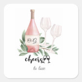 Roze rozenfles met monogram Proost op de liefde Vierkante Sticker (Voorkant)