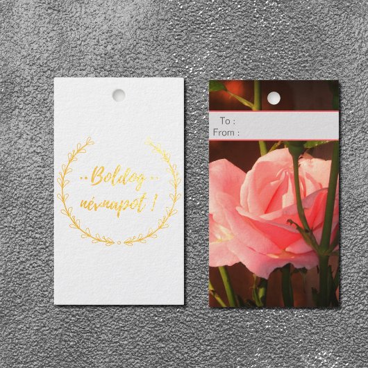 Roze rozenfoto - Hongaarse naam dag- luxe Cadeaulabels