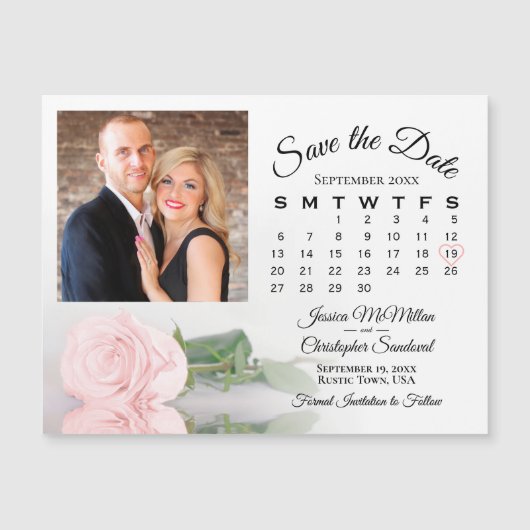 Roze Rozenkalender & Foto Bewaar de datummagneet Magnetische Uitnodiging (Voorkant)