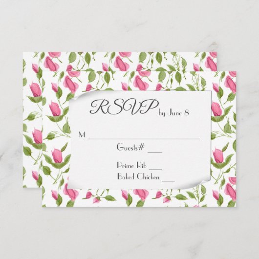 Roze Rozenknoppen Op Witte Trouw RSVP (Voorkant / Achterkant)