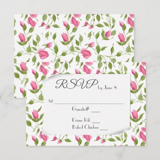 Roze Rozenknoppen Op Witte Trouw RSVP Kaartje (Voorkant / Achterkant)