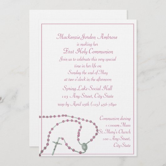 Roze Rozenkrans Communie Uitnodiging (Voorkant / Achterkant)