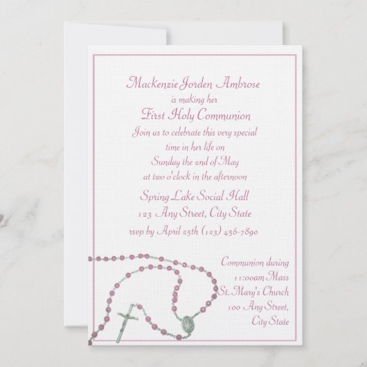 Roze Rozenkrans Communie Uitnodiging (Voorkant)