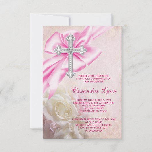 Roze Rozenkrans Eerste Communie Kaart (Voorkant)