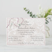 Roze rozenkrans en kant communie uitnodiging (Staand voorkant)