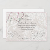 Roze rozenkrans en kant communie uitnodiging (Voorkant / Achterkant)