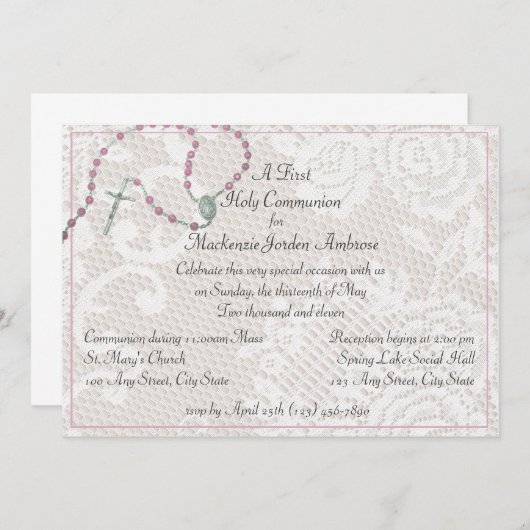 Roze rozenkrans en kant communie uitnodiging (Voorkant / Achterkant)