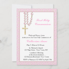 Roze rozenkrans kralen, bloemig, religieuze uitnod kaart