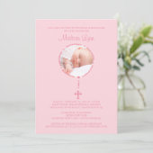 Roze Rozenkrans Kruis Foto Doop Uitnodiging Meisje (Staand voorkant)