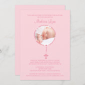 Roze Rozenkrans Kruis Foto Doop Uitnodiging Meisje (Voorkant / Achterkant)