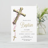 Roze Rozenkrans Versierd Gouden Kruisdoop Kaart (Staand voorkant)