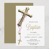 Roze Rozenkrans Versierd Gouden Kruisdoop Kaart (Voorkant / Achterkant)