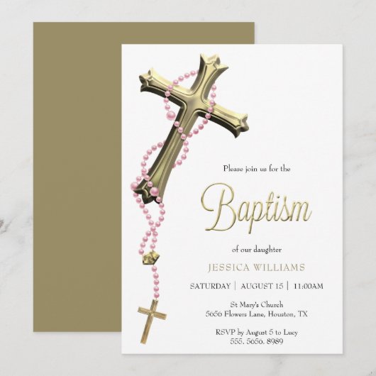 Roze Rozenkrans Versierd Gouden Kruisdoop Kaart (Voorkant / Achterkant)