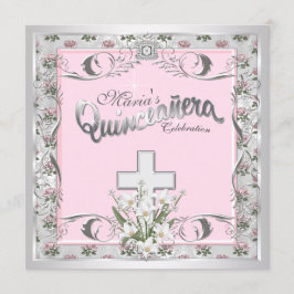 Roze Rozenkruis Quinceanera Kaart