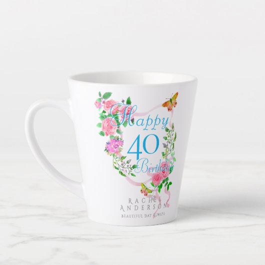 Roze Rozenlint 40e Verjaardag Latte Mok (Links)