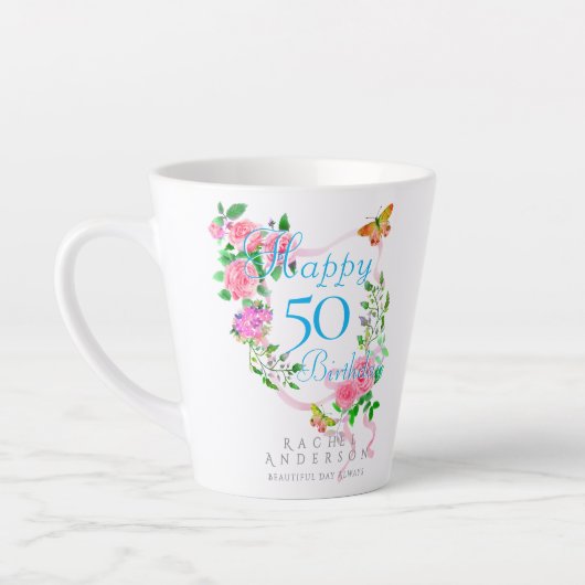 Roze Rozenlint 50e Verjaardag Latte Mok (Links)