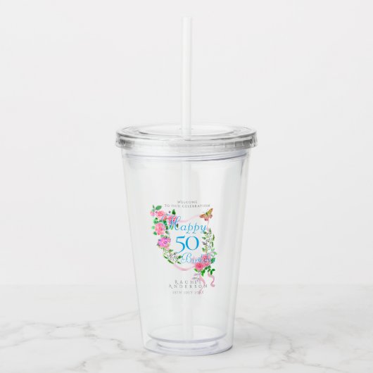 Roze Rozenlint 50ste Verjaardag Acryl Drinkbeker (Voorkant)