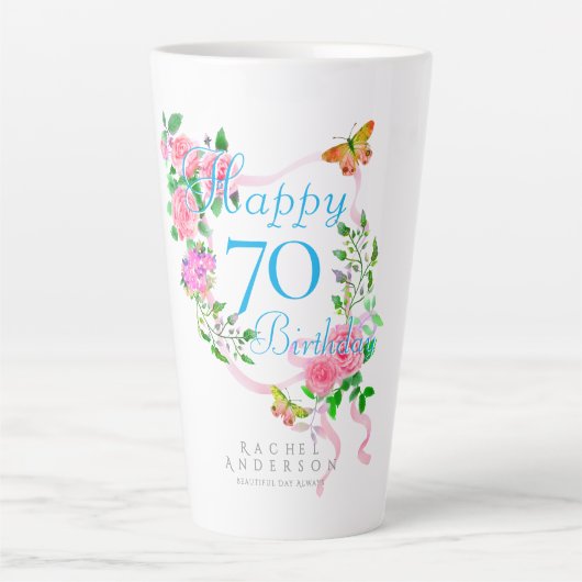 Roze Rozenlint 70ste Verjaardag Latte Mok (Voorkant)