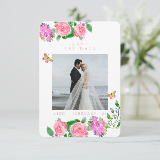 Roze Rozenlint Monogram Foto Bruiloft Save The Date (Staand voorkant)