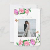 Roze Rozenlint Monogram Foto Bruiloft Save The Date (Voorkant)