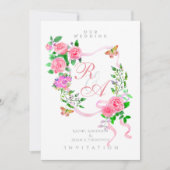 Roze Rozenlint Monogram Trouw Uitnodiging (Voorkant)
