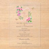 Roze Rozenlint Monogram Trouw Uitnodiging (Voorkant)