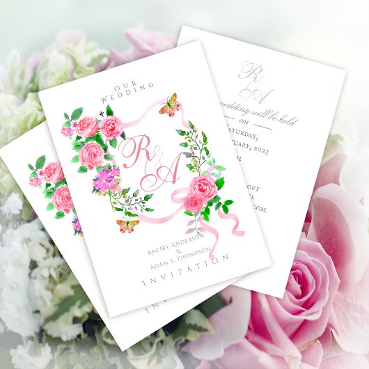 Roze Rozenlint Monogram Trouw Uitnodiging
