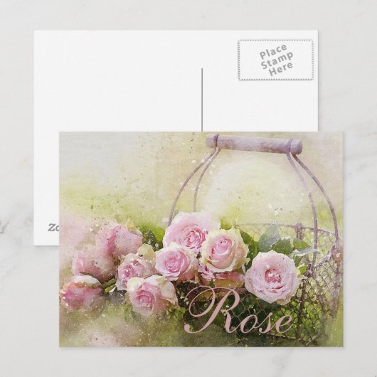 Roze rozenmandje briefkaart (Voorkant / Achterkant)