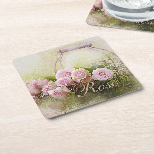 Roze rozenmandje kartonnen onderzetters (Schuin)