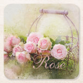 Roze rozenmandje kartonnen onderzetters (Voorkant)