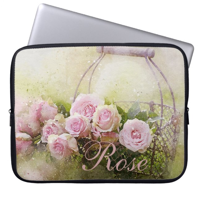 Roze rozenmandje laptop sleeve (Voorkant)
