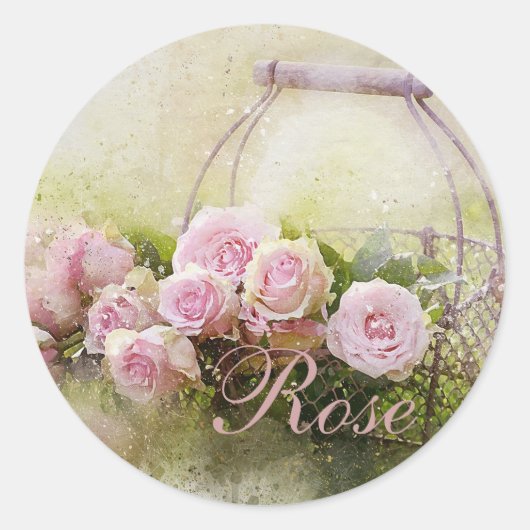 Roze rozenmandje ronde sticker (Voorkant)