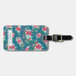 Roze rozenpatroon - Aangepast adres Bagagelabel