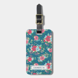 Roze rozenpatroon - Aangepast adres Bagagelabel